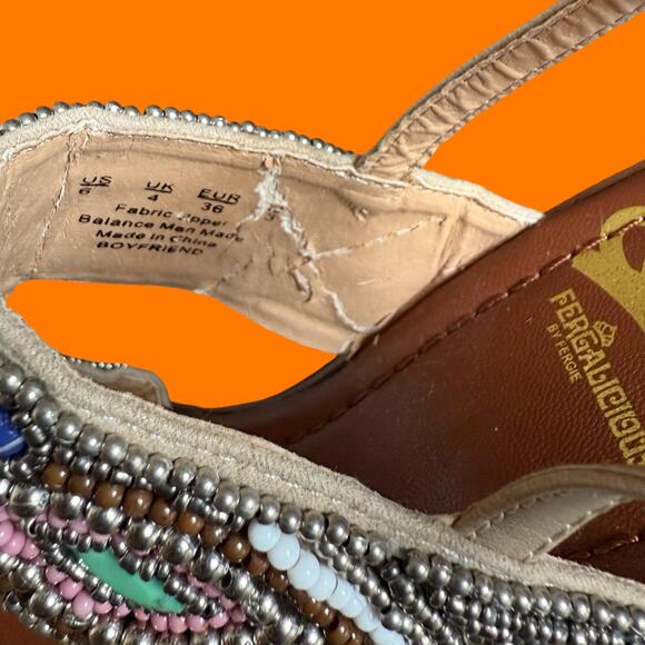 00's vintage faux wooden boho beaded y2k platform wedges Size 6 fergalicious - Picture 8 of 8